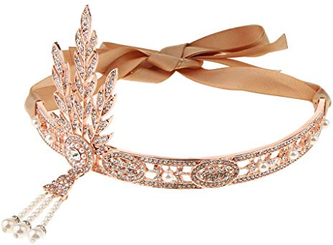Tenlacum Retro 1920s Flapper Headpiece Headband Great Gatsby Hairband Fancy Headdress (Rose Gold)