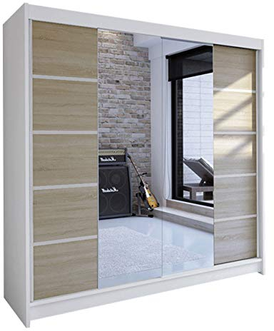 Mirjan24 Talin V Armoire à portes coulissantes avec tringle à vêtements et étagère, armoire d'entrée (blanc/chêne Sonoma + miroir, sans éclairage)