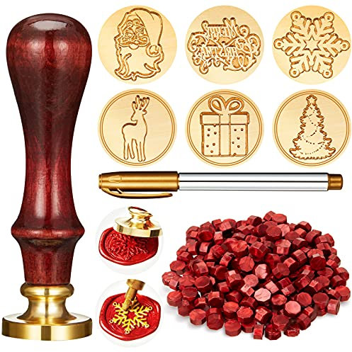 208 Stück Weihnachten Siegelwachs Stempel Kit, einschließlich 6 Stück Wachsstempel Messingköpfe mit Holzgriff, 200 Stück Siegelwach Perlen und Goldmarkierungsstift für Einladungen