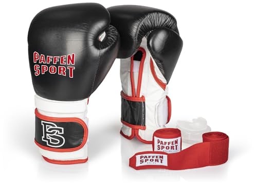 Paffen Sport «Pro» Box-Bundle, «PRO Performance» Boxhandschuhe, schwarz/weiß/rot, 16UZ.; «Allround» Bandage rot, 3,5 m; «Allround» Zahnschutz, transparent, ohne Mint