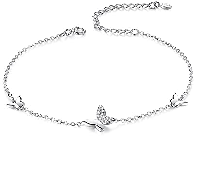 Belons Damen Armband 925 Sterling Silber Zirkonia Schmetterling Charm Armband Mädchen Armkette Armkettchen Kinder Fußkettchen, Silber/Gold (Silber)
