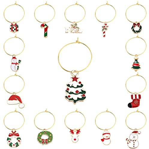 SUNNYCLUE 1 Box 30 Sets 15 Styles Christmas Wine Glass Markers Alloy Enamel Party Drink Markers Tags Charms Wine Glass Rings for Xmas Dinner Table Decoration Home Ornaments