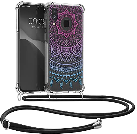 kwmobile Necklace Case kompatibel mit Samsung Galaxy A40 Hülle - Silikon Cover mit Handykette - Blau Pink Transparent Indische Sonne