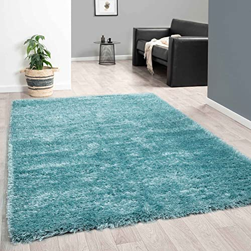 VIMODA Hochflor Teppich Wohnzimmer Shaggy Super Weich Soft Pastellfarben Einfarbig, Farbe:Turkis, Maße:160x230 cm