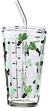 ZRSWV Gobelet en verre avec paille et couvercle, motif dessin animé, réutilisable, durable pour boissons froides, soda, thé