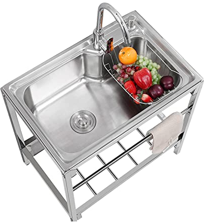 AOKEBR Fregadero con Patas Acero, Independientes Fregadero Multiusos, Forma de R Esquina Redonda con Mesa de Trabajo y Grifo Mezclador Frío/Calor, para Interior y Exterior (Size : 68x44cm)