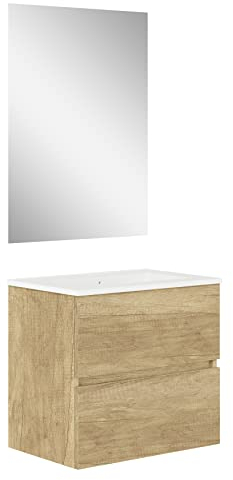 Baikal, Conjunto de baño Natura. Mueble de Baño de Fondo Reducido, con Lavabo cerámico. Distribución Dos Cajones. Mueble MONTADO. Dos Cajones con Espejo. Fondo 39cm 50 cm Nature