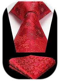 HISDERN Ties for Men Red Tie and Pocket Square Set Classic Floral Tie Silk Necktie and Handkerchief for Wedding Party Business