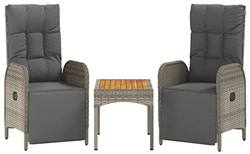 vidaXL 2X Garten-Relaxstühle mit Tisch Outdoor Relaxstuhl Set Sitzgruppe Gartenset Rattanmöbel Gartenmöbel Gartensessel Grau Polyrattan