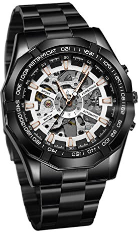 FORSINING Reloj mecánico para hombre, esfera azul, acero inoxidable, resistente al agua, con cuerda manual, luminoso, deportivo, para hombre, Todo negro., Pulsera