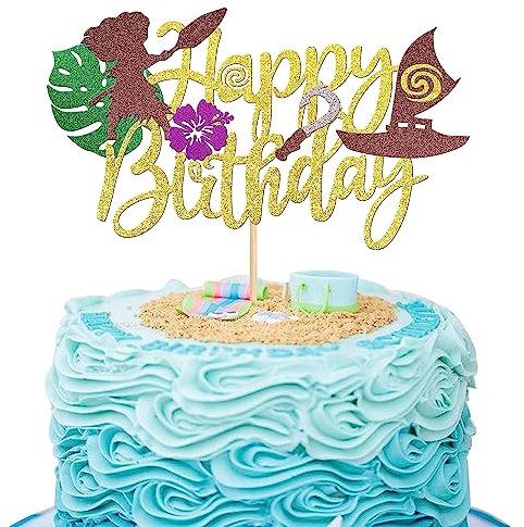 SYKYCTCY 1 PCS Moana Happy Birthday Cake Topper Palm Leaf Flower Cake Pick Tropical Hawaiian Luau Theme Cake Decorations for Kids Birthday Party Supplies Gold