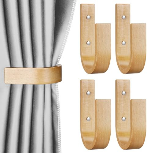 Kigley 4 Stück Vorhang-Raffhalter, Holzhalterungen, Holz-Vorhanghaken, U-förmige Halter, Wandhalterung, Pullbacks für Zuhause, Outdoor-Dekoration, Holzfarbe
