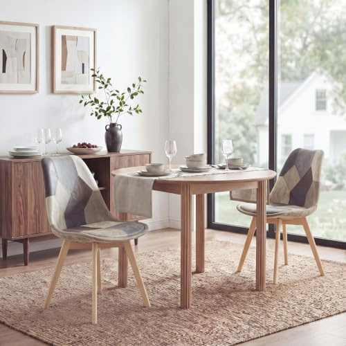 HJhomeheart Set aus 2 Esszimmerstühlen aus Patchwork-Stoff mit abnehmbarem Sitzkissen und Massivholzbeinen für Esszimmer, Wohnzimmer, Küche usw. (Patchwork Hellbraun)