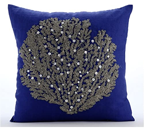 The HomeCentric Konigsblau Kissenbezuge, Wulstige Sea Weeds Sea Creatures Ozean Und Strand Thema Kissen Decken, 2 Stück, 35x35 cm Kissenbezuge Dekor, Baumwolle Leinen, Mittelmeer - Along The Shore