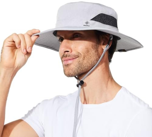 G GIEPHT Fischerhut für Herren, Sonnenhut, breite Krempe, LSF, UV-Schutz, XL, XXL, große Größe, großer Kopf, Wandern, Strand, Safari, Hellgrau meliert mit Tasche oben (geeignet: 62 cm - 63 cm),