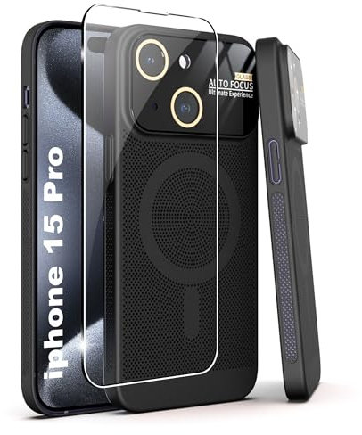 Effcotuo Coque pour iPhone 15 Pro Cover Magnetique Dissipation Chaleur Housse avec 1 Verre Trempé Protection écran Liquid Air Coque Aimantée Étui - Violet