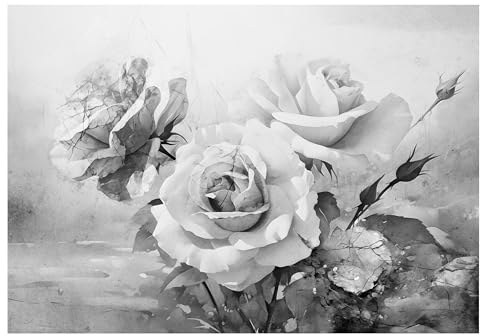 Papier Peint Panoramique Intissé Roses Noir et blanc Fleurs Béton 368x254 cm Chambre à coucher Salle de séjour Photo Non Tissé Muraux Moderne Trompe l'oeil