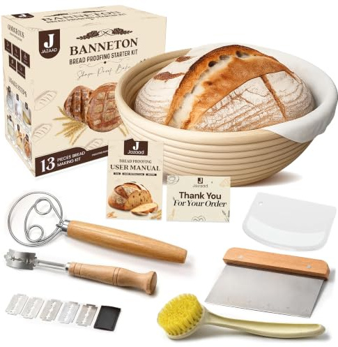 Bread Proofing Basket, Round 9 inch Sourdough Starter Kit- Lame + Dough Scraper Linen -Basting Brush for Making Baking Supplies Tools Natural Rattan –banneton basket