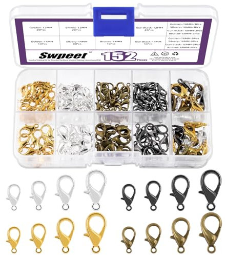 Swpeet 152Pcs 12-18mm Length 4 Sizes Lobster Clasps Mixed Colors Kit, Jewelry Clasp Connectors End Chain Clasps for DIY Jewelry Making Accessories Handmade Necklace Bracelet Fastener Hook