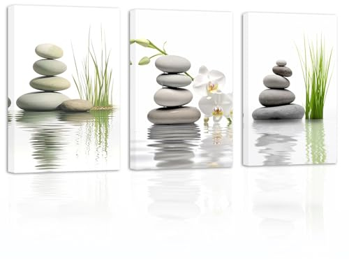 ZXHYWYM Badezimmerbilder 3 teilig Zen Steine weiße Orchidee auf Wasser Leinwanddrucke spirituelles entspannendes Bild für Büro Yoga Spa Meditationsraum (Bild-3, (40.00 x 60.00 cms x 3 Teilig))