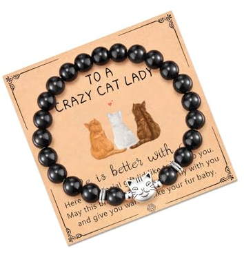 LUOKIFUR Naturstein Perlenarmband Katze Haustierliebhaber Armband Stein rosa Zebra Armband Katze Glücksarmband Schmuck Geschenk (Black)