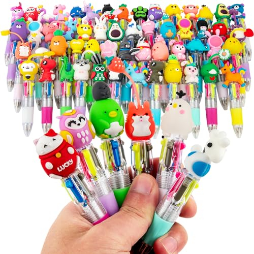 60 Penne Multicolore e Penna Multicolore 4 Colori con Adorabili Animali Kawaii - Ideali per Compleanni, Feste, Regali e Gadget