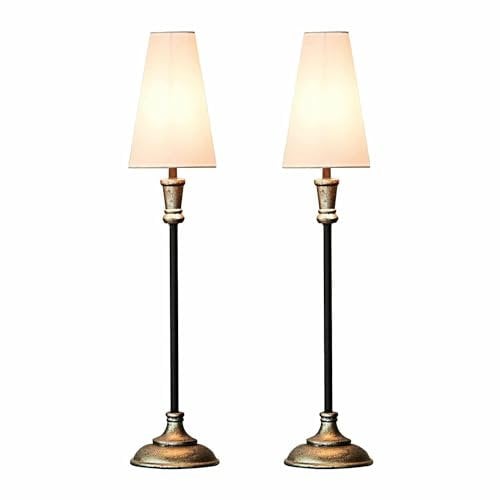 LOBERON Tischlampe 2er Set Obsonville, schlanke, hohe Form, klassischer Tütenschirm, Tischleuchte, Wohn-Accessoire, Mangoholz, Eisen, Baumwolle, silber/schwarz/creme