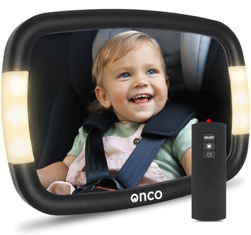 Onco LED Baby Rückspiegel Auto - 2 Licht-Modi für Tag & Nacht, 100% Bruchsicher, Spiegel Rückbank, 360° Kinderspiegel Auto Baby Spiegel, Universelle Erstausstattung & Zubehör