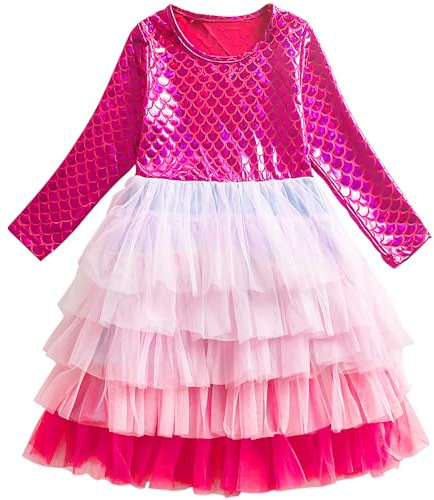 FILOWA Abito per Ragazze Bambina Sirena Principessa Vestito Elegante Manica Lunga Rosa Fucsia Vestiti Paillettes Sirenetta Tulle Tutu Gonna Fiorellini Matrimonio Festa Carnevale Costume Bimbo 5-6 Anni