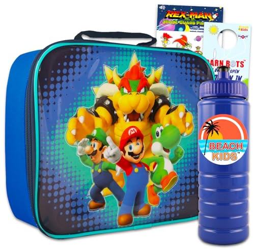 Super Mario Ensemble boîte à déjeuner pour garçons – Ensemble avec sac à déjeuner Mario et bouteille d'eau, autocollants, plus | Seau à déjeuner Super Mario pour enfants, garçons et filles
