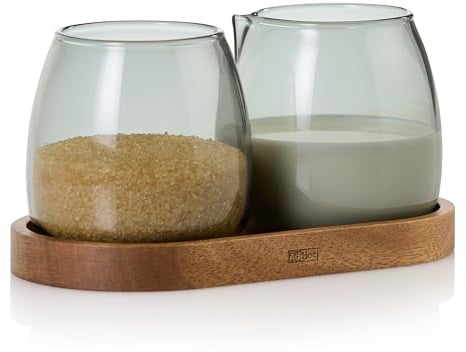 AdHoc Yuna Milk and Sugar Bowl Set with Acacia Wood Tray, Sugar and Creamer Jugs Made of Borosilicate Glass Hand-Blown Unique Pieces, 230ml Milk, 80g Sugar Container, Serving Set, MZ02