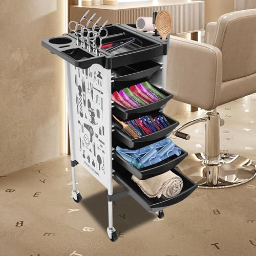Friseurwagen Arbeitswagen Friseurassistant Rollwagen Arbeitswagen mit 5 Schubladen Salon Trolley, Friseurwagen Rollwagen Arbeitswagen Kosmetikwagen für Beauty Salon (weiß)