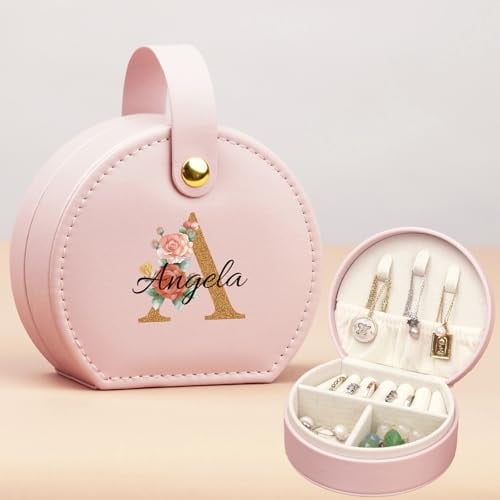 iDIY Personalisierte Geschenke mädchen Schmuckkästchen personalisiert- schmuckkästchen mädchen mit Name Initialen, Geburtstagsblume Geburtstag-, Geschenk für Mädchen Freundin Alphabet-Rosa