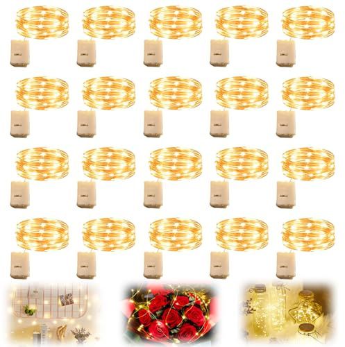 20 Stück Lichterkette Batterie, 2M x 20 LED Mini Lichterkette Batteriebetrieben, Wasserdicht Drahtlichterkette, Fairy Lights für Party, Halloween, Schlafzimmer, Hochzeit, Weihnachten, WarmWeiß