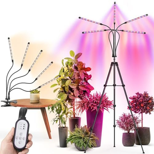 Grow Lights for Indoor Plants, 5 Heads Full Spectrum Led Grow Light with Tripod Adjustable & Desk Clip, Plant Light with 10 Dimming Level & Auto Timer, 3 Lighting Modes for Large Plants Flower