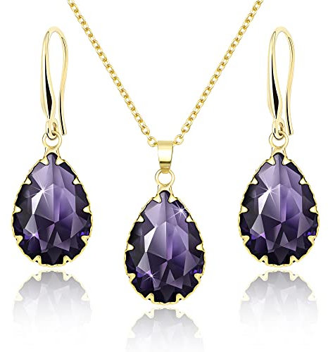Linawe Lila Schmucksets Schmuck Set Damen, Damenohrringe Ohrringe Set Ohrringe Gold Hängend, Kette Halskette Amethyst Anhänger, Goldene Modeschmuck Brautschmuck Jewelry