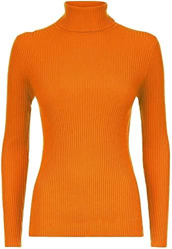 FASHION MY LOVE Women Ladies Ribbed Stretch Polo Turtle Neck Rib Top Jumper UK Size S/M-XXXL Orange