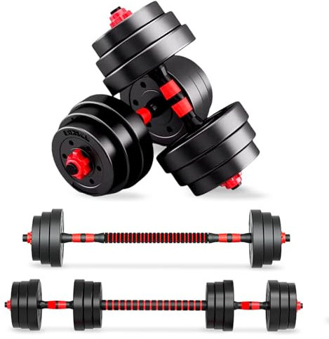 JUPPLIES Juego de Mancuernas Ajustables 2 en 1-10kg 20kg 40kg - Kit de Pesas con Barra Recta Ajustable y Antideslizante - Pesas y Mancuernas Discos Recubiertos y Agarre Antideslizante - 20 kg