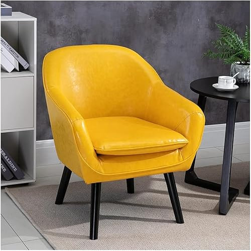 Moderner Esszimmerstühle, Leder-Stuhl, Mitte des Jahrhunderts, Sessel für Wohnzimmer, Schlafzimmer, Büro, moderner Clubstuhl mit massiven Holzbeinen und Flügelrücken (Farbe: Gelb)