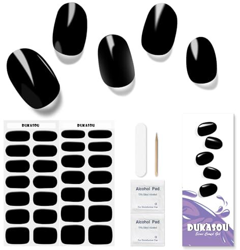 Semi Cured Gel Nail Strips, 28 pcs Gel Nail Stickers Wraps for Women,Long Lasting UV Cured Stickers Work with Any UV Lamp, Easy to Apply(Black)