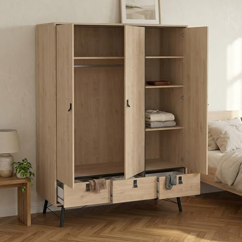 Dmora - Kleiderschrank 3 Türen Augustine, Schlafzimmermöbel, Schrank, Garderobe, 150x60 h200 cm, Eiche