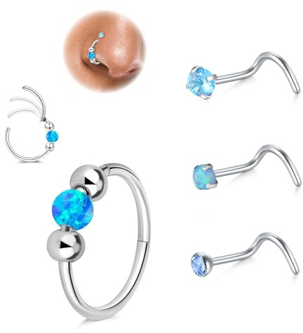 LAURITAMI 18G Opal Nasenpiercing Ring Dünn,20G Chirurgenstahl Spirale Nasenpiercing Stecker,Ohr Septum Piercing Ring Nasenring Piercing Set Nostril Tragus Conch Clicker