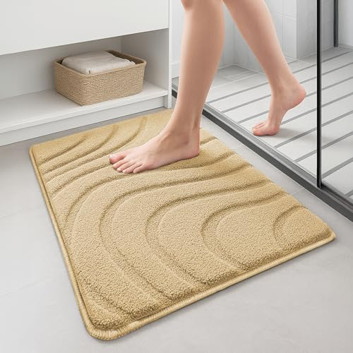 VOUNOT 2er-Set Badematte rutschfeste, Mikrofaser Weich Saugfähig Badezimmerteppich, Flauschig & schnelltrocknend Maschinenwaschbar Badteppich, Fußmatte mit Wellenmuster Duschvorleger 40x60cm Beige