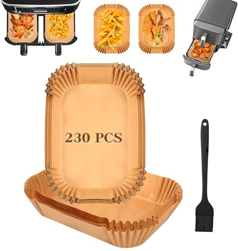 Hivio 230 unidades de papel de horno Airfryer para Ninja Double Stack XL SL400EU/Ninja Foodi MAX Dual Zone AF400EU 9,5L, papel de horno para freidora de aire caliente y cepillo de silicona, accesorios