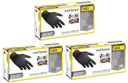 Generico Guanti Nitrile Nero Reflexx N81, Guanti Monouso Nitrile (100/300/1000 Pezzi) Guanti Usa e Getta per Alimenti, Uso Ho.Re.Ca. (300 Pezzi, Taglia L)