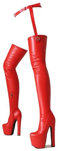 Ceciloroda Ultra-High Block Heel Waistband Stiefel Overknee Pole Dance Schuhe Plateau Dressy Stiefel Stripper Heels für Damen Exotic Lack Red Size 45