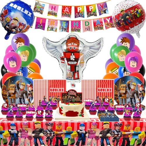 111pcs, Roblox Birthday Decorations, Roblox Cake Topper, Driflo Gamer Party Decorations, Party Tableware Set, With Balloons, Tablecloth, Plates, Napkins, Pa-rty Bags, for Fans Birthday Gift