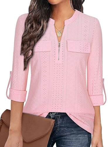 Gemulate Womens Tops 3/4 Sleeve Tops for Women Polo Top Floral Printed Shirts with Zip Up V Neck Tunic Blouse Basic Tops