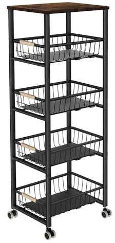 Levede Stackable Metal Wire Storage Baskets with Wheels, Multi-Layer Kitchen Organizer Cart with Pull-Out Drawer, Freestanding Vegetable Fruit Rack for Pantry & Home Use