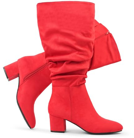 Chicblooms, stivali da donna con polpaccio extra largo, stivali in pelle scamosciata casual con tacco a blocco, Colore: rosso, 39 EU